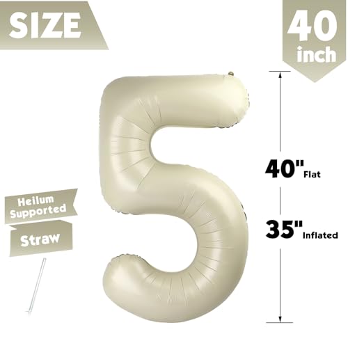 Image of 40 Inch Cream Number 5 Balloon Birthday Party Decorations for Men & Women | 40 Inch Cream inflatable foil number balloons, large birthday decorations for 5th birthday