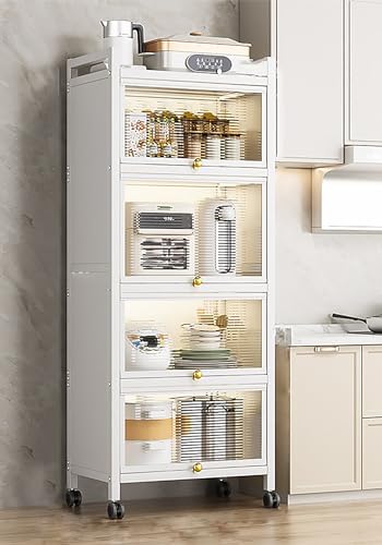 5-Tier Rolling Kitchen Storage Rack with Lockable Wheels, Metal Microwave Stand & Cabinet with Visible Door, Perfect for Organizing Cookware, Utensils, and Bowls