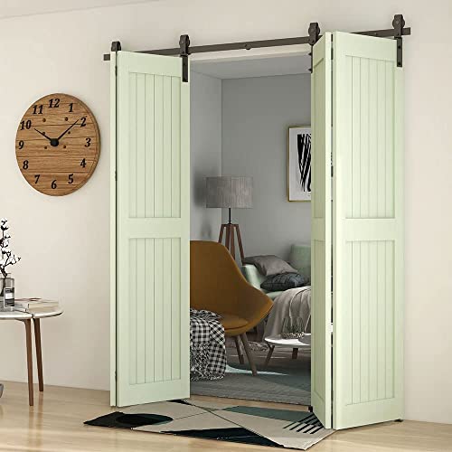 ETIASQSA 84''/7FT Bi-Folding Sliding Barn Door Hardware Kit, Smoothly and Quietly-Saves Space-Heavy Duty-Easy to Install for 4 Doors Hardware Kit, Black "J" Shape Roller [No Doors]