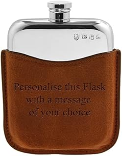 English Pewter Company 6oz Pewter Hip Flask with Luxury Brown Leather Pouch. Personalised with Free Engraving [PLF01]