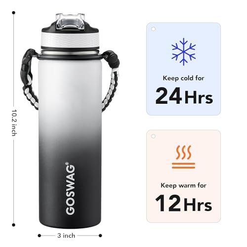 Image of GOSWAG 24oz Insulated Stainless Steel Travel Water Bottle, 2 Lids | with straw and no straw, Paracord handle, Double-wall vacuum keeps drinks cold or hot, Leakproof tumbler