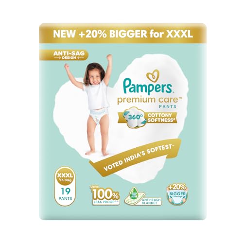 Pampers Premium Care Pant Style Baby Diapers | XXX-Large (XXXL size) | 19 Count | Voted India's Softest | All-in-1 with 360 Cottony Softness Diapers | 16-30 kg