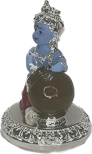 Image of Makhan Chor Idol Kanha Ji Matki Krishna Murti for Home Office Decor Silver Plated Makhan Chor Krishna Idol Statue for Janmashtami Puja Decoration Gifting