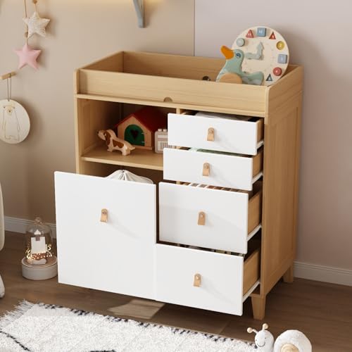 Image of ROMSHINE Baby Dresser with Changing Table Top, 5 Drawers Nursery Dresser with Removable Guard, Infant Diaper Changing Station Baby Cloth Organizer for Nursery and Kids Bedroom, Wood Color - 33.5" W