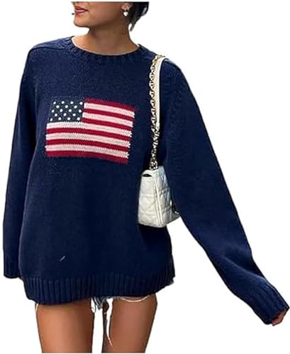 CheJooe Suéter vintage Y2k para mujer, diseño de bandera americana, casual, manga larga, con estampado de bandera de Estados Unidos, A-azul marino., S