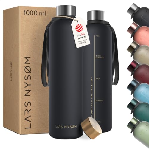 Image of LARS NYSOM Water Bottle 34oz | Drinking Bottle 1 Liter | Ultralight Tritan Sports Flask leak-proof | Ideal for sports, office, yoga | 2 lids included (Black /Gold, 33.9oz)
