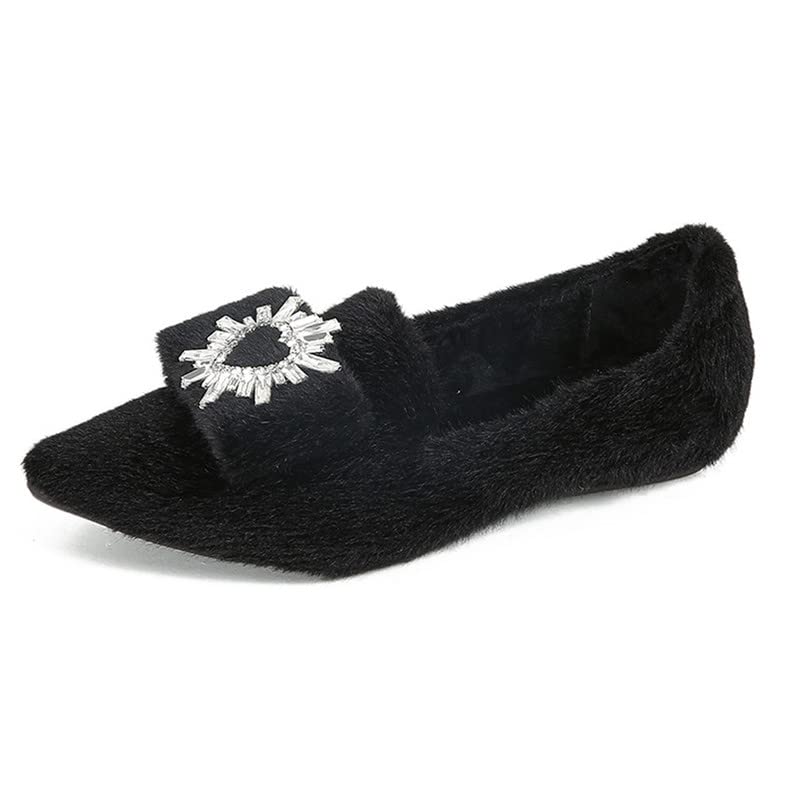 Women's Glitter Rhinestone Wedding Flats Winter Fur Dress Shoes Pointed Toe Ballet Flats
