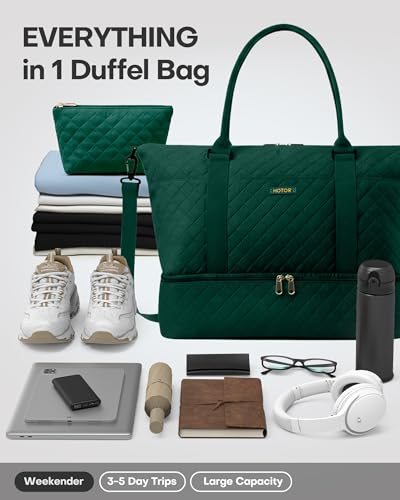 Image of HOTOR Travel Duffel Bag - Weekender Bags for Women, Carry On Gym Tote Bags | with Toiletry Bag & Shoe Compartment, Overnight Bag for Travel Essentials, Travel Accessories, Dark Green, 15.8 inchx18.1 inchx8.7 inch