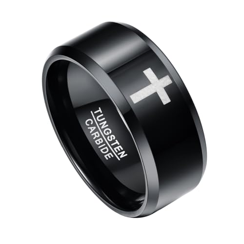 TUNGSTORY 10mm Black Tungsten Ring for Men Cross Wedding Band High Polished Beveled Edge Size 8