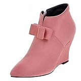  Etebella Damen Keilabsatz High Heels Stiefeletten mit Schleife Spitze Ankle Boots Elegante Wedges Boots Schuhe(Rosa,34)