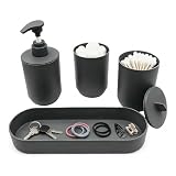 LGURT 4-Piece Dark Gray Bathroom Accessory Set, Plastic Home Organizer with Lotion Soap Dispenser, Tumbler, Cotton Swab Cup & Vanity Tray – Modern Home Decor for Apartment, Dorm & Guest Bath