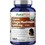 NusaPure Chaga Mushroom 3000 mg per Veggie Capsule, 180 Count, USDA Organic, Extract 20:1, Vegan, Non-GMO