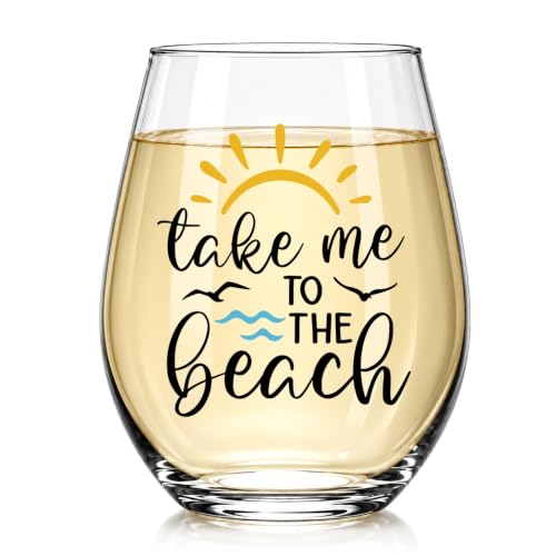 Vgrti Take Me to the Beach Stemless Wine Glass, Summer Coastal Party Accessories for Vacation Cruise Travel Night Bar Decor, Beach Lover Gifts for Women, Christmas Birthday Gifts for Friend Coworker