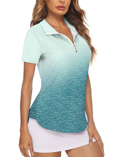 Gemulate Short Sleeve Golf Tank top Women Ladies Running Yoga Workout Tops Zip Up Sun Protection Clothes Floral Tennis Gym Sportswear Green and White S