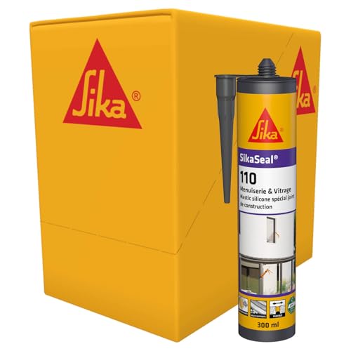 SIKA - Mastic silicone de construction - SikaSeal-110 Menuiserie & Vitrage, Noir - Joints de menuiserie et vitrage - Extérieur/intérieur - Carton de 12...