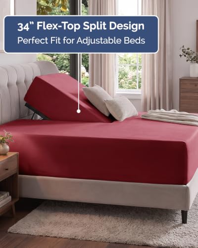 Image of Extra Deep Flex Top Split Head King Fitted Sheet - Hotel Luxury Single Fitted Sheet Only - Easily Fits 18 inch to 24 inch Mattress - Ultra Soft, Wrinkle Free w /Extra Deep Pockets - Burgundy
