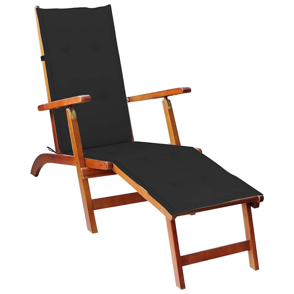 Tumbona de madera Acacia con reposapiés y cojín, tumbona plegable de 3 posiciones, tumbona de madera resistente a la intemperie para terraza y jardín, soporta hasta 110 kg