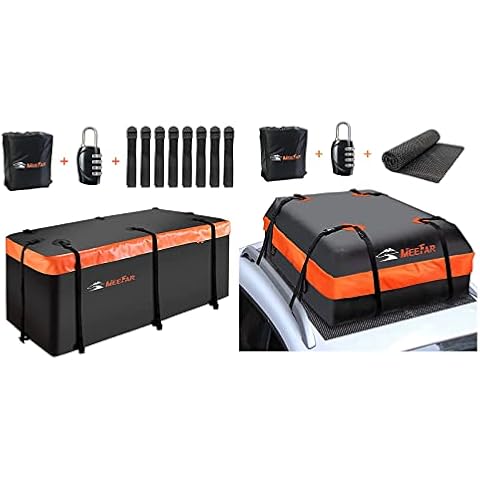 Combo of MeeFar Hitch Mount Cargo Carrier Bag Soft Shell 20 Cubic Feet 100% Waterproof + 15 Cubic Feet Car Roof Bag Cargo Carrier Cover