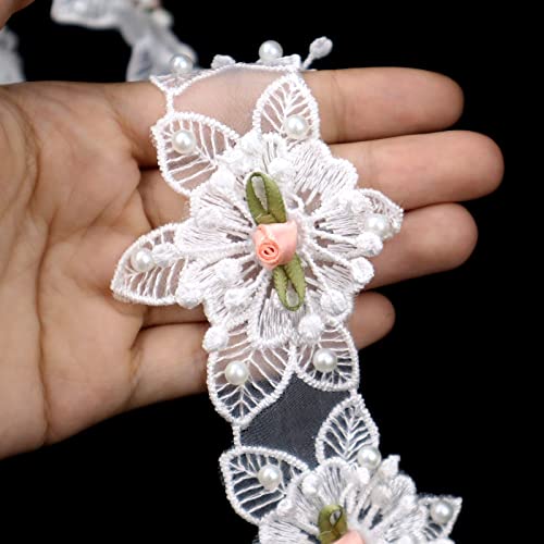 Flower Pearl Beads Lace Trim Ribbon Floral Applique Embroidered Lace Ribbon For Sewing, Wedding Dress, Clothes Decoration #TOP2