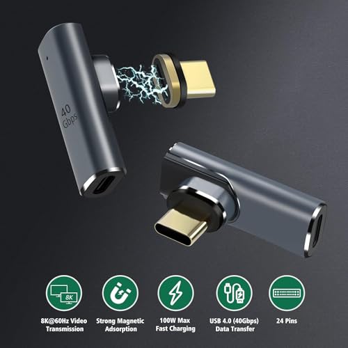 Image of Tobo 90 Degree Magnetic USB C Adapter 24 Pins with PD 100W Fast Charge USB 4 40Gbps 8K 60Hz for Thunderbolt 3 /4, MacBook Pro /Air /ROG Ally /Steam Deck /PS5 PSVR 2(TD-1103TC, Pack-of-2)