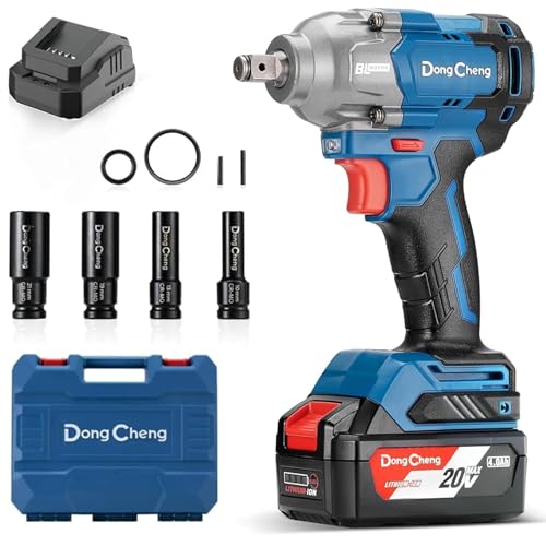 Dong Cheng Llave de Impacto Inalámbrica Brushless 18V con Batería de 4.0Ah, 488N.m alto par, 1/2', transmisión de 3 velocidades, Adecuado para automoción y bricolaje