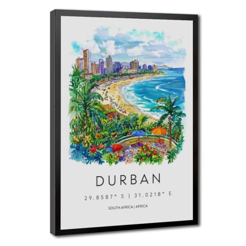 wangpaihui Durban Watercolor Poster Durban Travel Print Wall Art Beach City Painting Souvenir South Africa Decor Canvas Posters Wall Art for Offices Living Room Hanging Frame 16" L X 24" W