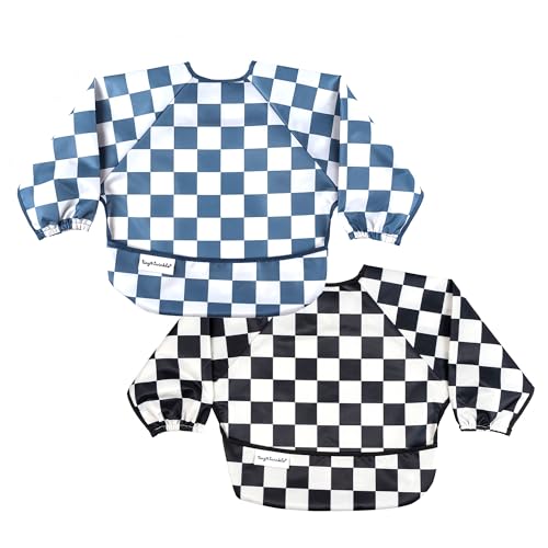 Image of Tiny Twinkle Long Sleeve Bib for Babies & Toddlers |2-Pack Waterproof Smock Bib for Eating | Machine Washable and Mess-Proof Feeding Essentials | Newborn Shower Gift (Black, Blue Checkers, 6-24M)