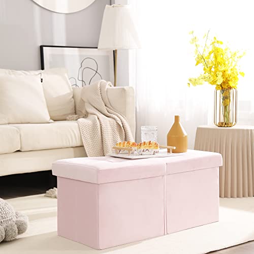 Image of Storage Ottoman Bench Foldable Footrest Foot Stool, 30 inch Velvet Pink | Small Ottoman Foot Rest Seat Shoe Bench Flip-Top forliving Room End of Bed Bedroom Couch Dorm, 80L Folding Upholstered Chair