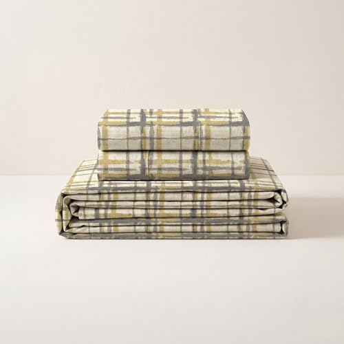 Image of LANE LINEN Symphony | 100% Cotton Sheet Set | Soft & Breathable Fabric | 3 Piece (1 Bedsheet + 2 Pillow Covers) | Double Bed Sheet Set - Yellow & Grey Linear Grid