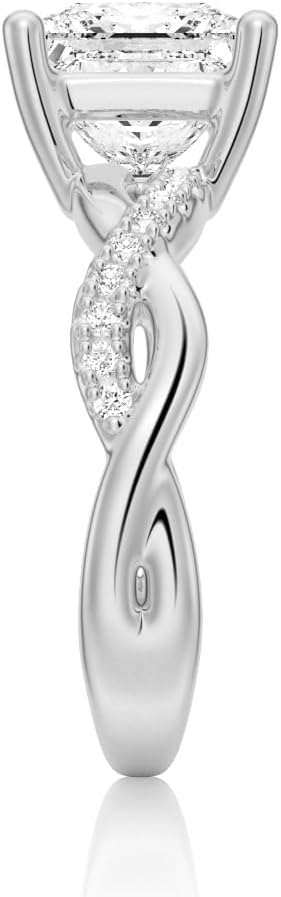 MSBLUE 2ct Princess Cut Moissanite Engagement Ring, Solitaire with Twisted Infinity Band, 14 White Gold Vermeil, Rhodium Finish