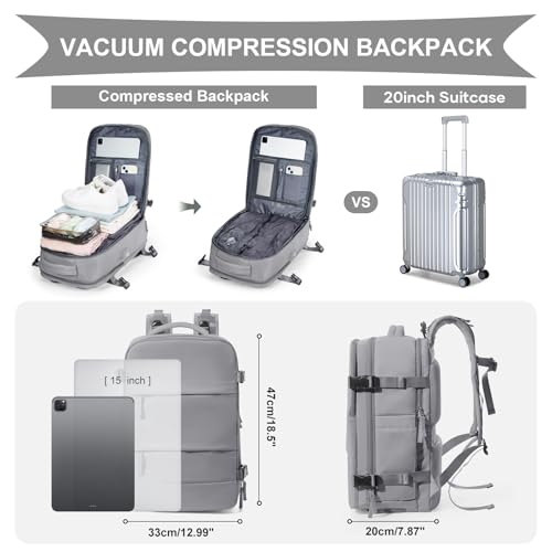 Image of coowoz Vacuum Backpack Travel with Pump,Travel Backpack with Vacuum System For Women Men,Carry On Backpack,Hiking Backpack Waterproof Outdoor Sports Rucksack Casual Daypack,30L(Vacuum pump) Grey
