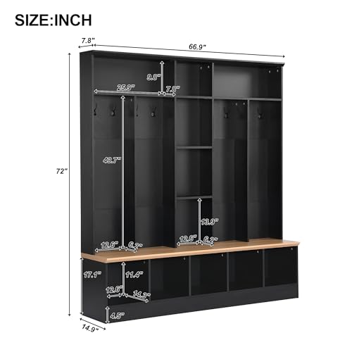 Image of Ball & Cast Wide Hall Tree with Storage Bench, 4-in-1 Entryway Shoe Cabinet with Cube Storage & Open Shelves, Coat Rack with 8 Hooks, Modern Minimalist Mudroom Organizer, Black