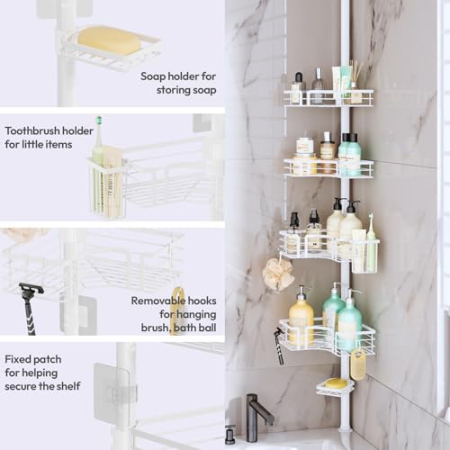 SWTYMIKI Duschregal Teleskop Dusche Teleskopstange - 4-Tier Teleskop Eckregal Dusche mit Seifenhalter, Zahnbürstenhalter und 4 Haken, verstellbarer Edelstahl Duschablage Ohne Bohren Ecke, 70-275cm