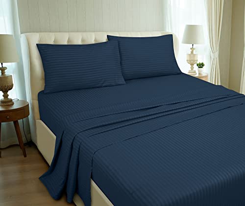 Image of ROYALE LINENS 4 Piece Queen Sheets Set - Soft Brushed 1800 Microfiber Bedding - 1 Fitted, 1 Flat Sheet, 2 Pillow Cases - Wrinkle Free & Fade Resistant - Hotel Luxury Bed Sheets (Stripe Navy, Queen)