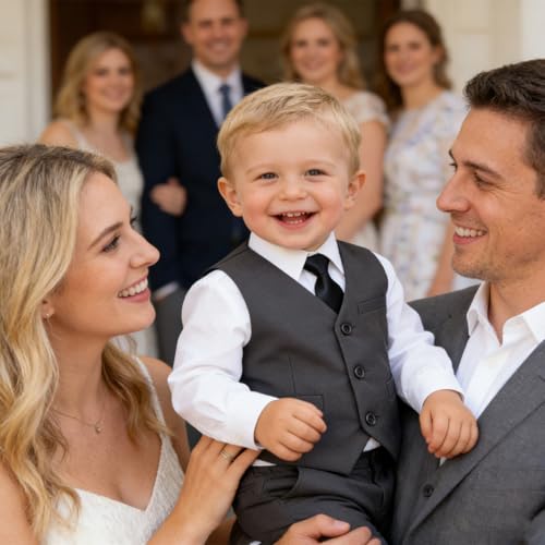 Image of Baby Boy Formal Suit for Toddler Infant Tuxedo Dress Suits | Little Gentleman, Wedding Ring Bearer Outfit, Vest Pants Long-Sleeve Shirt Tie, Birthday Party Christmas Prom, Classic