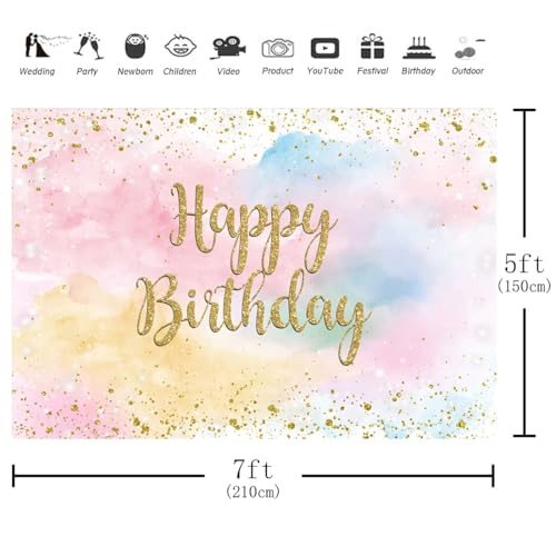 Aperturee 7x5ft Happy Birthday Backdrop - Pastel Rainbow Cloud & Glitter Gold Dots Photography Background for Girls, Women, Sweet 16, 18th, 21st Party Decoration by Aperturee - Image 3