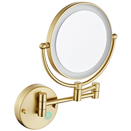 KEYQEEN Touch Dimmable LED Makeup Mirror with Lights and 1X/10X Magnification, Lighted Double Sided Shaving Mirror Bathroom Wall Mounted Extendable Vanity Mirror,Brushed gold,Plug in