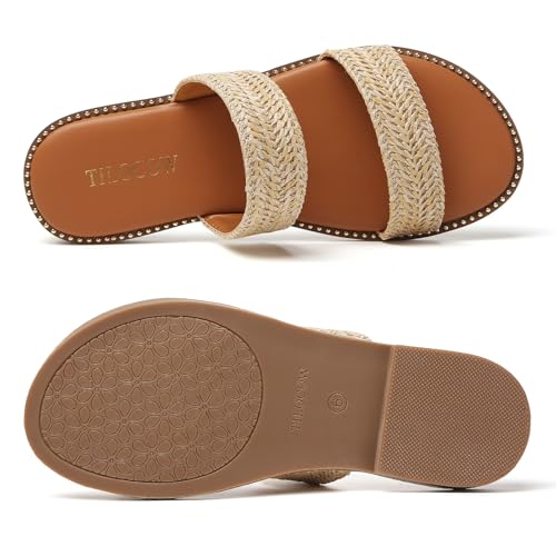 Image of Tilocow Women's Flat Sandals Two Strap Summer Dressy Studded Slide Sandals Open Toe Cute Casual Slip on Comfort Shoes for Beach Travel Daily Wear