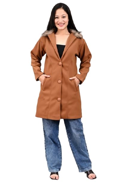 sky fly Girls/Women Fur Collar Full Sleeves Tweed Fabric Winter Wear Coat-130 Brown-M-picture-30