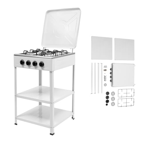 ROGONPDK Cuisinière à gaz rectangulaire avec quatre grilles en fer 57 x 51 x 23 cm, 4 brûleurs, flamme réglable avec couvercle, 4 brûleurs à gaz, plaque...
