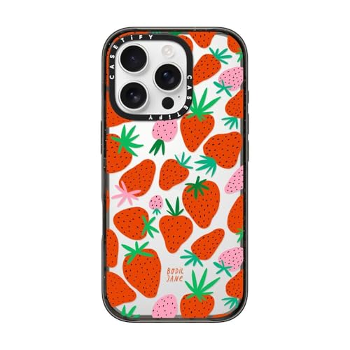 Coque iPhone 16 Pro CASETiFY Impact noir transparent motif fraises