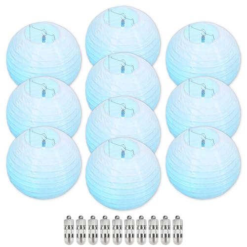Image of Chinese Paper Lanterns - Pack of 10, 10-Inch Light Blue Hanging Lights for Birthday Party Decorations, Baby Shower, Gender Reveal Party, and Ocean Themed Party
