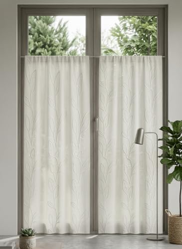 mauro Cortinas de cristal para interiores, par de visillos, efecto lino blanco con bordado de hojas, tono sobre tono, para cocina, salón, dormitorio, 45/70/90 cm ancho x 90-225 cm alto, blanco, 45 x