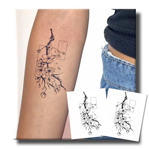 UBICA Semi Permanent Tattoo 2 Sheets | Cherry Blossom Design Lasts 2 Weeks, Waterproof & Realistic Tattoos for Women Arm Non-Reflective, Develops Fully in 48H