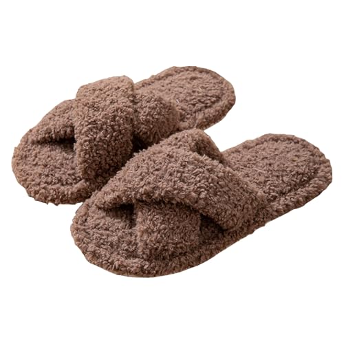 Fuzzy Open Toe Slippers for Women Fluffy Cross Band Soft Plush Warm House Slippers Indoor Outdoor Home Slides with Memory Foam Bedroom Cozy Slipper Cute Comfort Slip On Slide Shoes