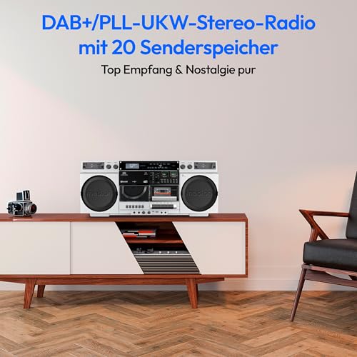 MEDION P66538 Kassettenrecorder (Retro Ghettoblaster mit CD-Player, 80er, groß, USB, SD, CD, Kassetten MC, DAB+ Radio Teleskopantenne, Bluetooth, Kassettendeck, Aufnahmefunktion, Batteriebetrieben)