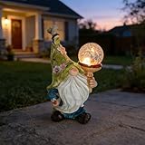SAMPU CRAFT Garden Gnome Solar Light Statue - Outdoor Decorative Figurine with Crackle Glass Globe, Blue & White Floral Design, Waterproof LED Yard Art for Patio, Lawn, Garden, Porch