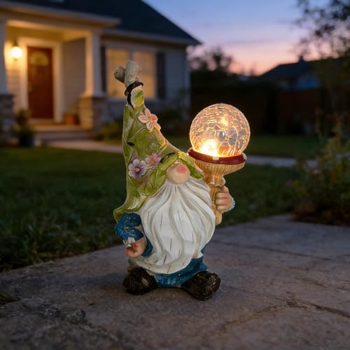 SAMPU CRAFT Garden Gnome Solar Light Statue - Outdoor Decorative Figurine with Crackle Glass Globe, Blue & White Floral Design, Waterproof LED Yard Art for Patio, Lawn, Garden, Porch