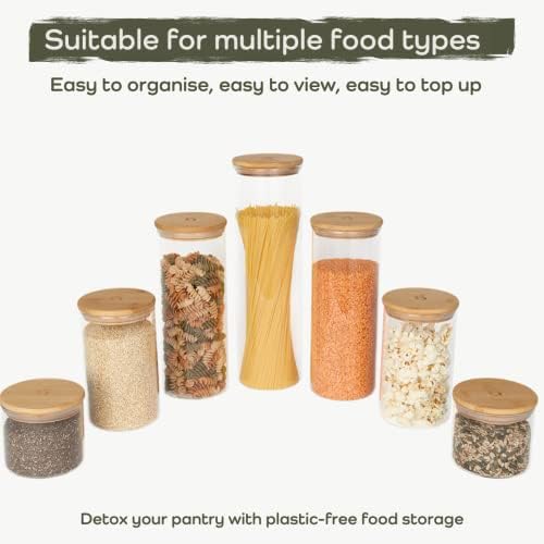 beau abode® Glass Jars with Lids, 7-Pcs Set, Glass Containers with Bamboo Lids, Airtight Glass Containers for Food Storage and Organisation  Glass Storage Jars for Pasta, Cereals, Seeds and Nuts
