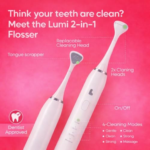 Lumi Electric Flosser | 2 in 1 Electric Flosser for Adults w/ 4 Speeds + 50 Replacement Heads - Dentist Recommended | Easy Glide Flossing for Gentle Gum Care, Tongue Scraper, Water Alternative flosser by Lumi Den - Image 4